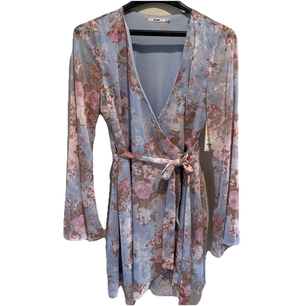 NWT Mi Ami By Francesca's Blue Pink Gauze‎ Wrap Dress Size S Kimono Floral Lined